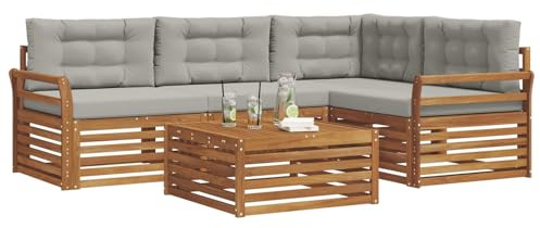 vidaXL Outdoor-Sofagarnitur mit Kissen 5 pcs Natürlich und Hellgrau, Outdoor-Sofa, Gartensofa, langlebige Möbel, modernes Terrassen-Set, gemütliche Lounge-Ecke