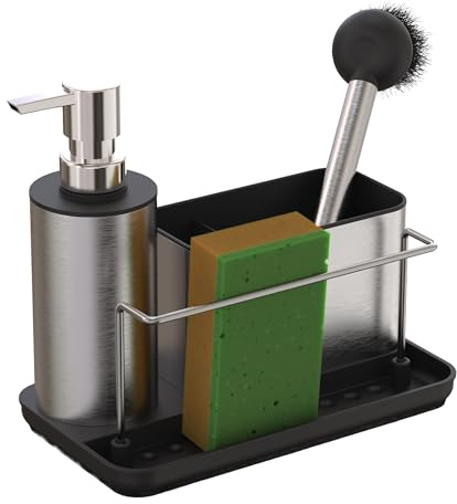 Relaxdays Spülbecken Organizer, mit Seifenspender & Schwammhalter, HBT: 19 x 21 x 12 cm, Spülset Küche, Metall, Farbe
