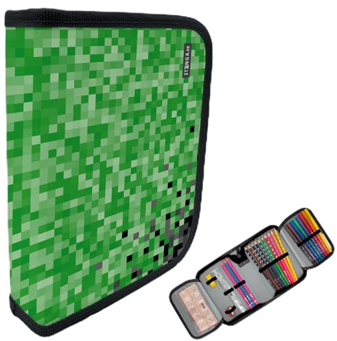 itenga Federmäppchen Jungen 28-teilig gefüllt – Schüler-Etui 1-Zipper mit Stiften, Lineal & Zubehör – Mäppchen Schule Grundschule (Motiv Pixel)