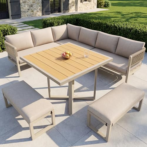 Garten-Lounge-Set, Möbelset für 8-10 Personen, Gartensofa mit großem Esstisch aus Kunststoffholz, Seilwerk, großer Tisch mit Holzmaserung, verstellbare Beine, alle Sitz- und Rückenkissen inklusive