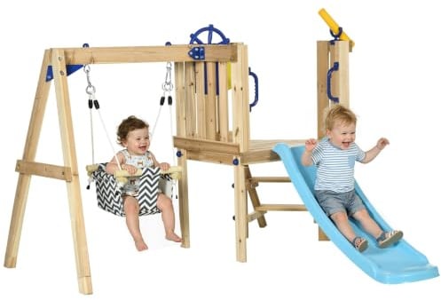 AIYAPLAY Columpio y Tobogán Infantil Exterior Volante 18-48 Meses Natural | Parque Infantil Exterior de Madera, Telescopio, para Patio, Césped