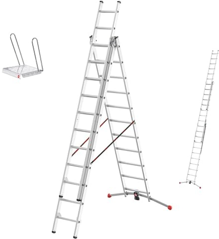 Hailo S95 HobbyLOT Kombileiter 3x11 Sprossen inkl Einhängetritt Alu 696 cm | vergrößerte Standfläche durch Einhängetritt, gleicht Unebenheiten bis 10 cm aus, verstaubar in Keller oder Garage