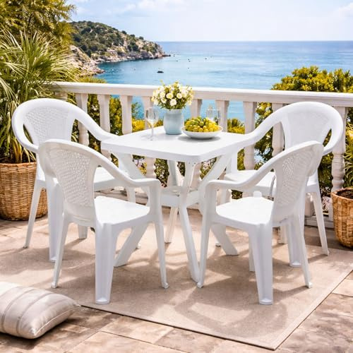 Mojawo® Bistrogarnitur 5-teilig Bistrotisch Kunststoff Eckig 70x70cm H72cm + 4 Stapelstühle Kunststoff Weiß