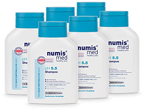 numis med Shampoo ph 5.5-6er Pack Hautberuhigendes Haarshampoo für sehr empfindliche & sensible Haut - vegane Haarpflege ohne Silikone, Parabene & Mineralöl - Haar Shampoo (6x 200 ml)
