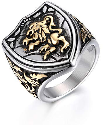 JewelryWe Schmuck Retro Herren-Ring Edelstahl Löwe Schild König Krone Biker Ring Siegelring Band Bandring mit Gravur Gold Silber Größe 59