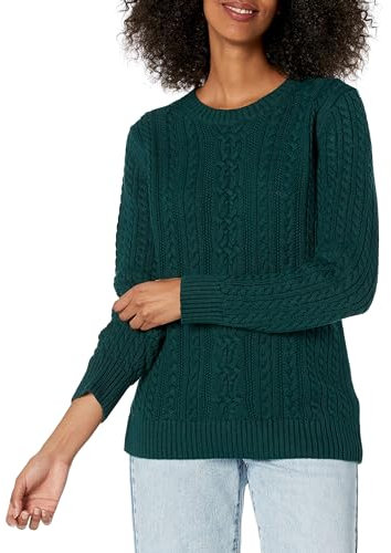 Amazon Essentials Women's Soft Fisherman Cable Long-Sleeve Crewneck Jumper (Available in Plus Size), Deep Green, S