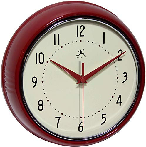 Infinity Instruments LTD. Retro 9 inch Silent Sweep Non-Ticking Mid Century Modern Kitchen Diner Wall Clock Quartz Movement Retro Wall Clock Decorative (Red)…