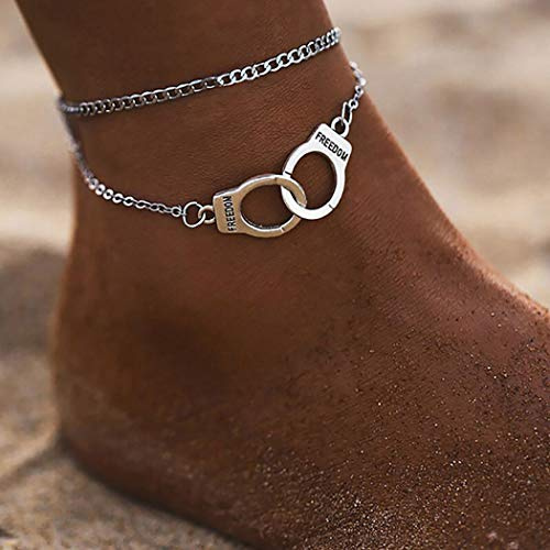 Handcess Boho Fußkettchen Silber Handschellen Fußkettchen Geschichtetes Fussketten Fußschmuck für Frauen und Mädchen