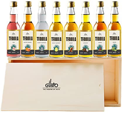 Il Gusto - Miniature Tequila Gift Set - Pack Of 8, 40ml Each - Pink, Salted Caramel, Silver Jamingo, Gold Jamingo, Honey, Coconut, Coffee, Lemon | Blanco, Anejo, Reposado • Gift for a Tequila Lover • 8 Unique Flavours • Made from Blue Agave