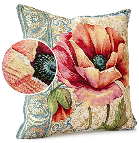 ANRO Kissenbezug Dekokissen Kissen Sofakissen Kissenbezüge Kissenhülle Gobelin Motiv Mohnblume 45x45cm mit Füllung