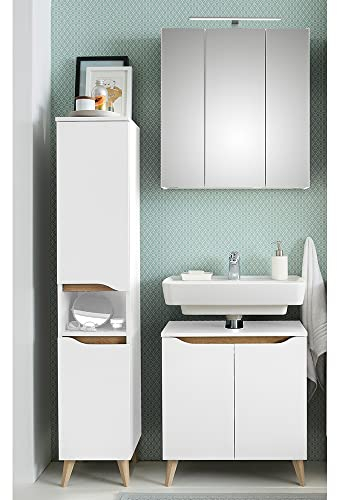 Lomadox Badezimmer Set mit Füßen in Holzoptik in Weiß Glanz mit Weiß Hochglanz, B/H/T ca. 950/200/33 cm