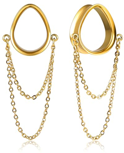Vankula Ohr Tunnel mit anhänger 1 Paar Double Flared Flesh Plugs Tropfenförmige mit Kette Edelstahl für männer damen Ohrpiercing Schmuck 14mm(9/16) Goldfarben