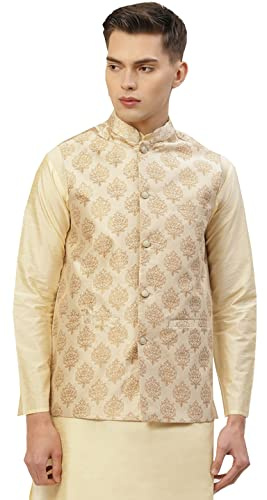Maple Clothing Silk Men's Brocade Nehru Jacket Traditional Indian Waistcoat (Cream, L)