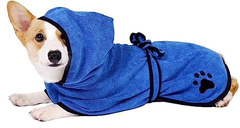 COMFPET Hunde Bademantel mit Kapuze, Saugfähiger Hunde Bademantel zum Trocknen nach dem Baden, Handtuch für Katzen und Hunde Aller Rassen, S (Blau)
