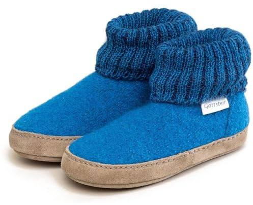 Gottstein Hüttenschuh Alpine Boot LE für Mädchen & Jungen - Kinder Hausschuh aus Schurwolle mit Strickbund & Ledersohle | TIPP: Eine Nummer größer bestellen = 15013 Arctic Blue | 33