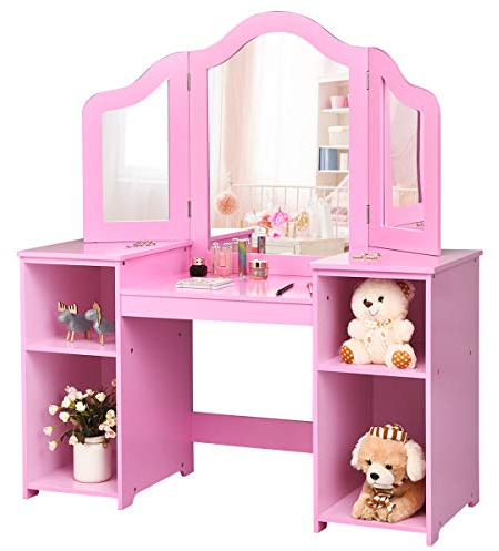 COSTWAY 2 in 1 Kinder Schminktisch Schreibtisch mit abnehmbarem Spiegel, Frisiertisch Mädchen mit offenen Fächern, Frisierkommode Holz, Schminkkommode (Ohne Stuhl, Rosa)