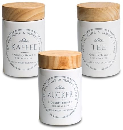 KHG Vorratsdosen Set Kaffee Tee Zucker, Kapazität je 1 Liter, Küchen Aufbewahrung Weiß, Steingut Keramik Holzdeckel Bambus, Landhaus Vintage Stil, luftdichter Verschluss, beschriftet, glänzend