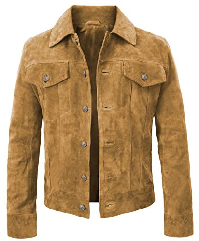 LP-FACON Veste de camionneur en daim noir pour homme Marron vintage, Marron clair - Cuir suédé, XL Trucker
