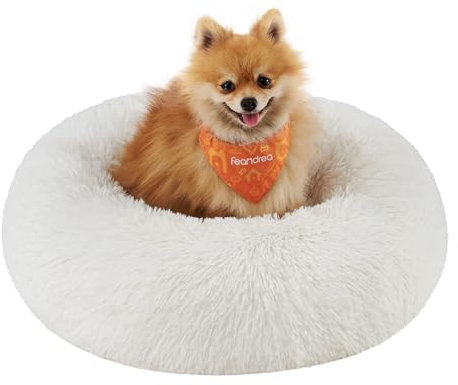 Feandrea Dog Bed, Donut Cat Bed, Fluffy Calming Pet Bed with Removable, Washable Cover, Soft Long Plush, 60 cm, Cloud White PGW038W01