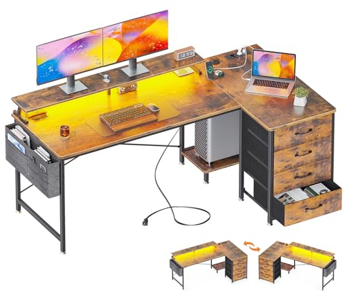 ODK Eckschreibtisch mit 4 Stoff Schubladen, 160x80cm Reversible Schreibtisch L Form mit 2 Steckdosen und 2 USB Ladeanschluss, Gaming Tisch L Form mit LED&Monitorständer für Home Office, Braun