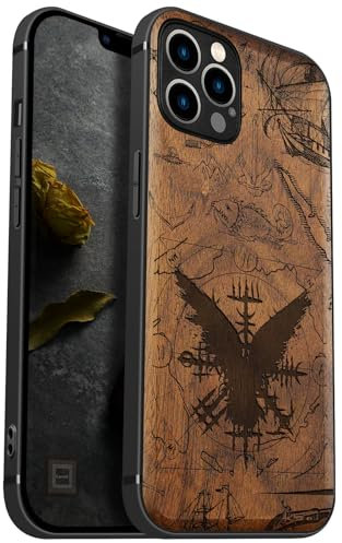Carveit Magnetic Wood Case for iPhone 12 Pro Max Case [Natural Wood & Black Soft TPU] Shockproof Protective Cover Unique Wooden Case Compatible with magsafe (Vegvisir -Walnut)