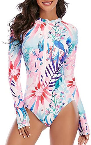 Zando Rash Guard Swimsuits for Women, UPF 50+ Long Sleeve Swimsuit Women, One Piece Zip Floral Print Modest Swimwear, Colourful Leaves, M