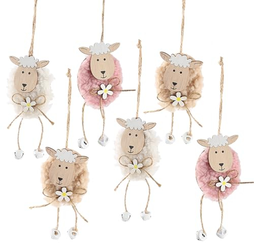 HERZWILD 6pcs Ostern Schafe Anhänger aus Holz Schafe zum Aufhängen Osterdeko Schäfchen Deko