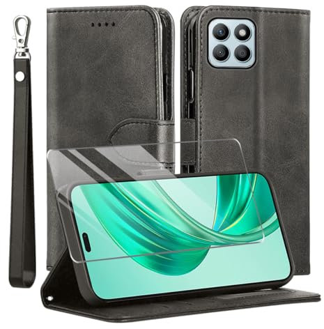 MQERYBV Custodia Cover per Honor X8B,con Protettiva in Vetro Temperato TPU Antiurto PU Pelle Premium Portafoglio Supporto Stand Carta Fessura Magnetica Custodie di Pelle Flip Case Nero