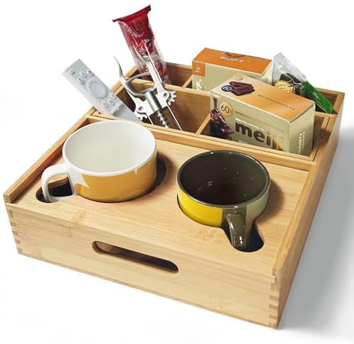 ROCDEER Couch Cup Holder Tray, Bamboo Sofa Cup Holder 7-in-1 Couch Console Caddy Portable Anti-spill Beverage Snack Holder Remote Organizer for bed and Car