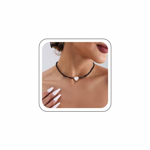 Wendalern Schwarzer Onyx Perlen Choker Halskette Nachahmung Kristall Perlen Kette Halskette Perlmutt Herz Halskette Vintage Spinell Perlen Kragen Halskette Party Prom Schmuck Für Frauen Und Mädchen