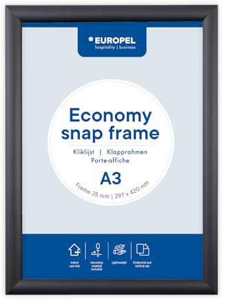 Europel Economy Snap frame, A3, color black, aluminum profile 25 x 11 mm, for posters 29.7 x 42 cm, anti-reflective film, display of advertising, menus, hotel, office, restaurant