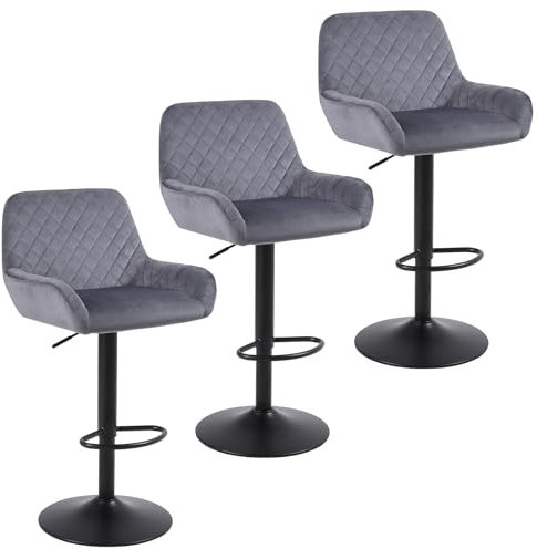 ralex-chair Bar Stools Set of 3, Height Adjustable Velvet Fabric Swivel Barstool Bar Chairs, Breakfast Dining Stools With Backrest and Armrest for Bar, Counter and Kitchen, Grey