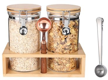 KKC Kaffeebohnen aus Glas Vorratsdosen mit Regal - Vorratsgläser mit Deckel und Löffel Luftdicht für Müsli - Kaffee Aufbewahrungsdose mit Bügel - Kaffeebohnen Behälter 2er Set 1200ml