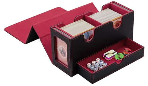 Tolesum Doppelschicht Card Deck Box für MTG,Gathering Kartenbox mit Schaufenster und Würfelfach PU Leder Starkes Magnetic Sammelkarten Box Kompatibel Magic Commander TCG Karten-Schwarz Rot