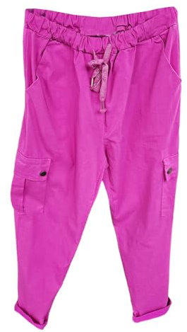 Alam Exclusive Pantaloni cargo da donna magici super elasticizzati, stile italiano, leggings casual effetto stropicciato, pantaloni da jogging 40-54, Fucsia, 40-46
