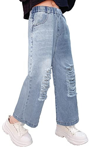 MEILONGER Baggy Jeans Mädchen Kinder Ripped Wide Leg Denim Hosen mit gerissenen Löchern lässige hohe Taille(Blau-18-20)