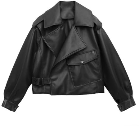 Suncadmious Donne Giacche in Ecopelle Casual Breve Cappotto Oversize Giacca da Motociclista Asimmetrica (Nero,S)