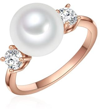 Lulu Jane Damen Ring aus Messing mit rund Muschelkernperle ca. 10,0 mm Zirkonia Perlenring roségold