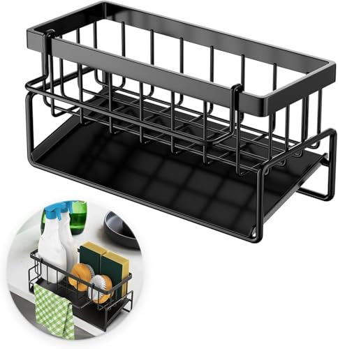 Ruikcoll Schwarz Schmal Küchen Organizer, Spülbecken Organizer mit Abtropfschale, Edelstahl Spülbecken Organizer für Lappen Bürsten Schwamm und Seife