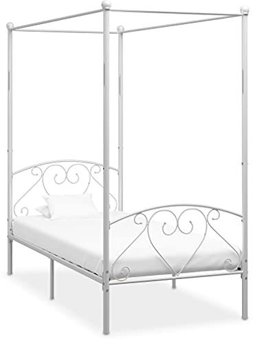 Myheimly Himmelbett Bett Bettgestell Doppelbett Metallbett Bettrahmen Lattenrost Schlafzimmerbett Schlafzimmermöbel Ehebett Weiß,90 x 200 cm
