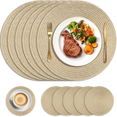 HEYOMART Round Placemats and Coasters Set of 6, Christmas Placemats Gold Washable Placemats 34cm Woven Bling Placemats Christmas Round Place Mats Glitter Dinner Table Mats for Holiday, Party, Wedding