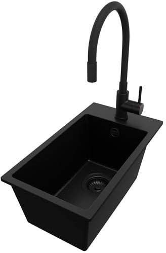 PRIMAGRAN Fregadero Granito Todo Negro 28x50cm, Fregadero Cocina 1 Seno + Sifón + Grifo 40x38cm, sobre encimera al mueble 30cm - Riga