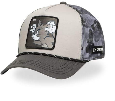 Tom und Jerry Cap für Damen und Herren, Trucker-Kappe, verstellbar durch Snapback, Grau/Beige/Violett, One size