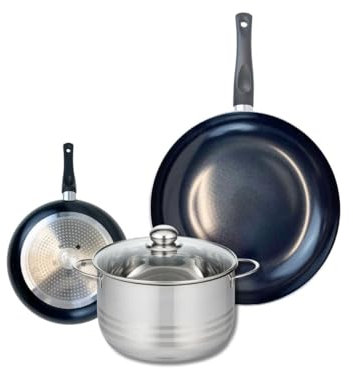 ELO 9728250 Batterie de cuisine 3 pièces, Ensemble de 2 Poêles de cuisson 20 et 32 cm et 1 faitout 20 cm Elo Prima Brillant, inox, induction, Noir