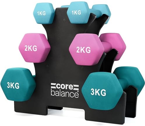Core Balance 12kg Hex Dumbbells Set with Rack, Heavy Duty Cast Iron, Sweat Resistant Neoprene, Anti Roll Hexagonal Shaped Weights, Home Fitness & Strength Training, (2 x 1kg, 2kg, 3kg)