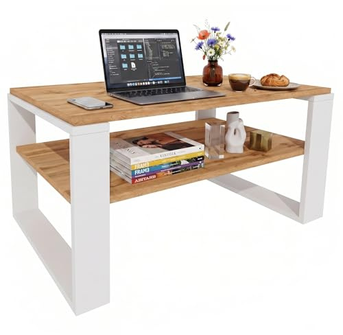 möbelkap Couchtisch 91×51 cm – Wohnzimmertisch aus Holzwerkstoff, Stabiler & moderner Kaffeetisch mit zusätzlicher Ablagefläche – Beistelltisch, Eiche Wotan/Weiß, rechteckig