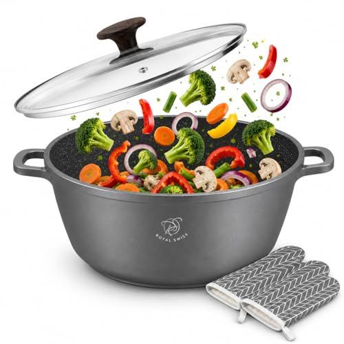 Royal Swiss Kochtopf 32 cm 9,5 L Grau, Aluguss Suppentopf mit Marmorbeschichtung, Glasdeckel mit Dampfauslass, Induktion Gas Elektro Keramik Halogen, Backofenfest Ohne Griffe