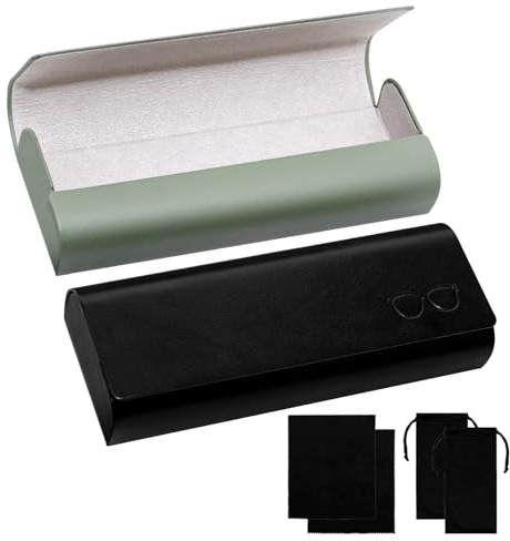 HOWAB 2 Stück Brillenetui Hardcase: Tragbare Brillenetui Leder Damen Herren, Brillen Etui Hart mit Brillenputztuch und Brillentasche, für Lesebrille Sportbrille (Schwarz+Hellgrün)