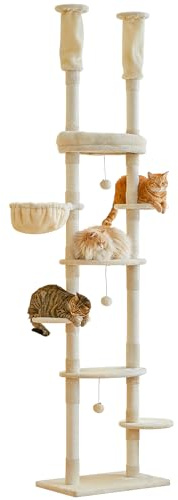 Quuzee Floor to Ceiling Cat Tree, 7 Tiers Cat Tower, Adjustable 234-258cm with Hammock,Platforms and Sisal-Covered Scratching Posts for Indoor Cats, Beige