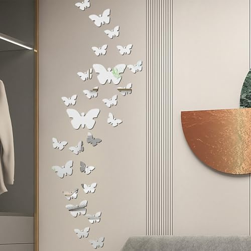 36 Stück Wandtattoo Schmetterlinge, Wandaufkleber Spiegel zum Kleben Aufkleber Acryl Silber 3D Schmetterling Deko, Wandsticker Wanddeko Wandkunst Abnehmbar für Schlafzimmer, Wohnzimmer, Haus Deko